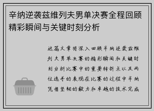 辛纳逆袭兹维列夫男单决赛全程回顾精彩瞬间与关键时刻分析 辛纳逆袭兹维列夫男单决赛全程回顾精彩瞬间与关键时刻分析
